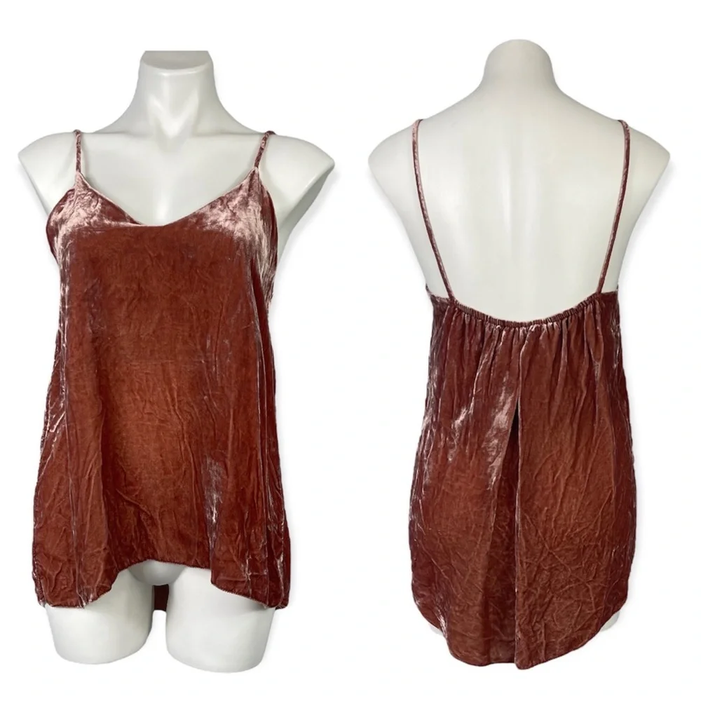 CAARA 100% Silk Crushed Velvet Spaghetti Strap Cami Camisole Top In Rust M - Picture 2 of 16